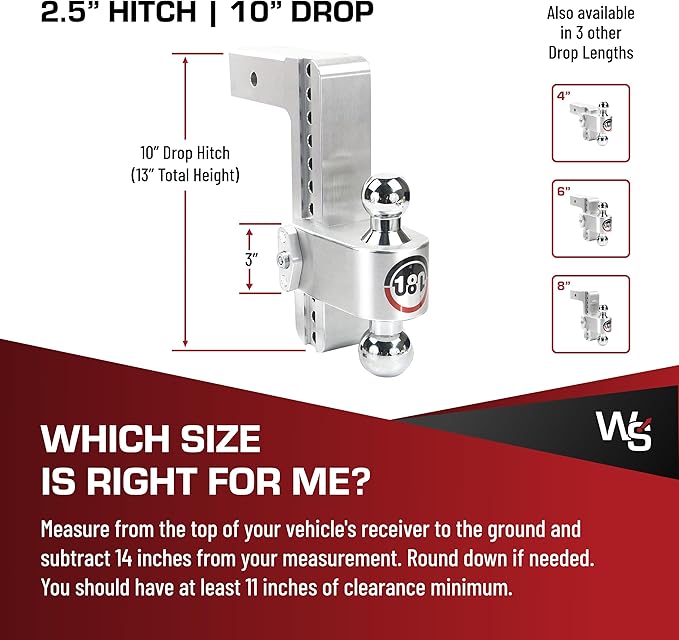 Weigh Safe Adjustable Trailer Hitch Ball Mount - 10" Adjustable Drop Hitch for 2.5" Receiver - Premium Heavy Duty Aluminum Trailer Tow Hitch w/ Chrome Plated Tow Balls (2" & 2 5/16") - 18,500 lbs GTW