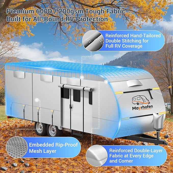 600D Oxford Fabric RV Cover 35-38ft Travel Trailer Cover, 6 Layers Breathable Waterproof Rip-Stop Camper Cover with Adhesive Repair Patches, Gutter, Tire & Additional Straps