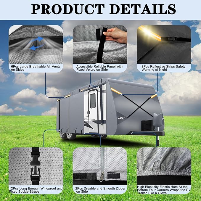 RV Cover 27-30FT Travel Trailer and Camper Covers,Heavy Duty 8-Layers Non-Woven Fabric Waterproof,All Weather,Cold and UV Resistant,Air Vent,Reflective Strip,Windproof Buckle Strap