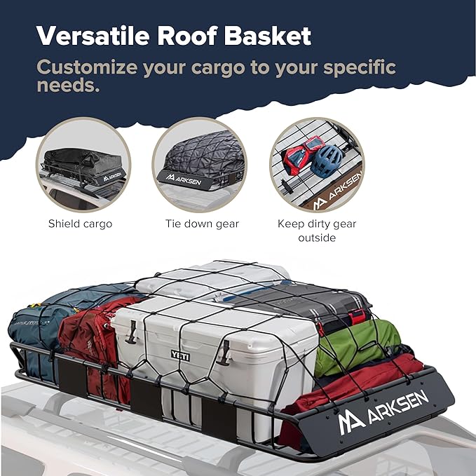 ARKSEN 64 x 34 x 6 Inch Universal Roof Rack with Extension, Cargo Net, 2 Straps, 150 LBS Heavy Duty Capacity Rooftop Cargo Basket for SUV, Truck, RV, Pickup