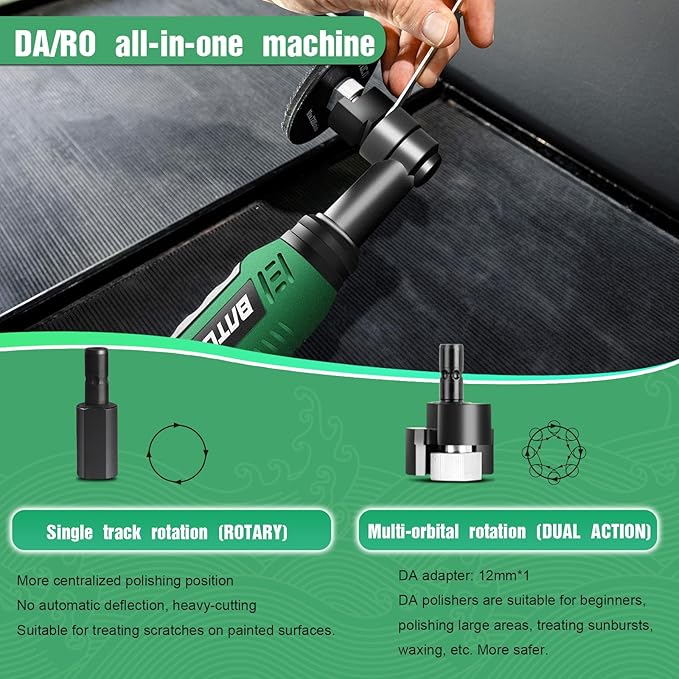 BATOCA S6 Micro Cordless Polisher for Car Detailing, 2x2.0Ah Batteries, 0mm Rotary Buffer, 12mm Dual Action Polisher 1 and 3 Inch with 6 Speeds 1000-5000 RPM for Car Polishing, Sanding Motorcycle