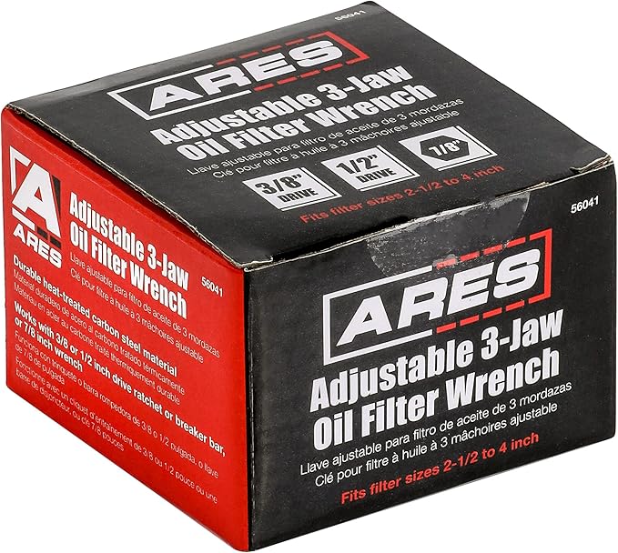 ARES 56041 – Adjustable 3-Jaw Oil Filter Wrench – 2 1/2-Inch to 4 Inch (63mm to 101mm) Capacity – Use with 3/8 or 1/2-Inch Drive Ratchets or 7/8-Inch Wrenches – Carbon Steel Construction