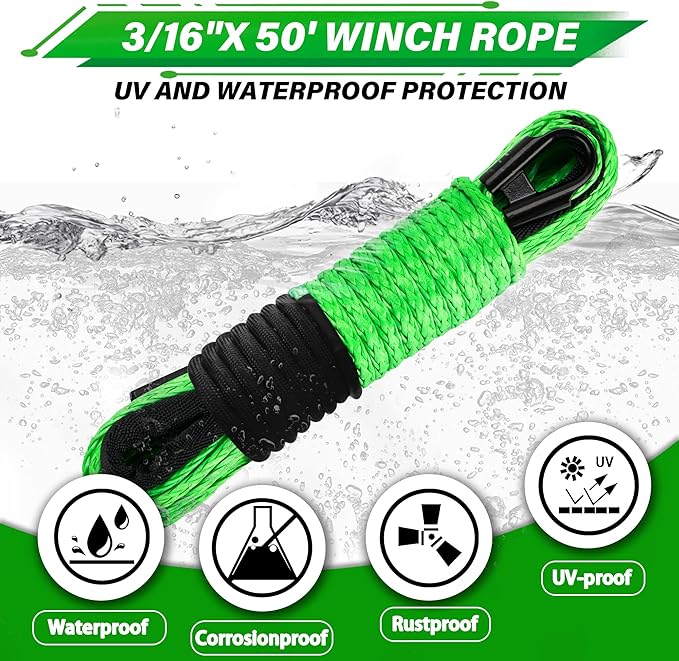 TYT Off-Road Winch Rope Kit - 3/16''x50', 8500 Lbs Green Synthetic Cable with Protective Sheath, Heavy-Duty Hook, Safety Pull Strap & Rubber Stopper Ideal for 4WD ATV UTV Vehicles, (JPS31650G)
