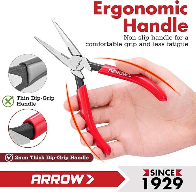 ARROW 6" High Leverage Needle Nose Pliers with Side Cutters, Long Nose Pliers for Gripping, Wire Bending, Cutting