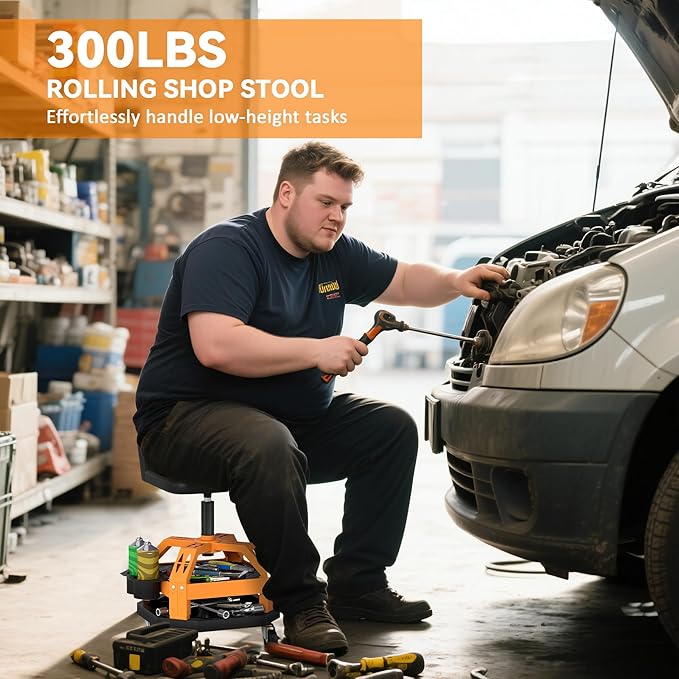 HOMCOM Rolling Mechanic Stool, 300 LBS Capacity Pneumatic Creeper Garage Stool with 360° Wheels, Backrest, Heavy Duty Roller Seat Padded Shop Chair with Tool Tray Storage, Adjustable Height (Yellow)