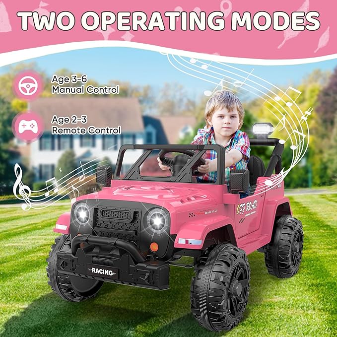 12V Ride On Truck Car with Remote Control, Kids Electric Vehicles with Bluetooth Music, Horn, 3 Speeds, 4 LED Lights, Soft Start, Ride on Toys for Toddler Boys & Girls (Pink)