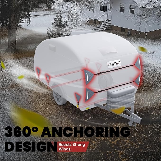 KING BIRD Heavy Duty Teardrop Travel Trailer Cover Fits 10'-12' Trailers, 5 Layers Top Waterproof Camper Cover with Windproof Strap for R-Pod Trailers, Clamshell Trailers