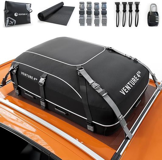 VENTURE 4TH Car Rooftop Cargo Carrier – 21 Cubic Feet Waterproof Roof Bag with 10 Heavy-Duty Compression & Tie-Down Straps, Anti-Slip Mat & Door Hooks – Fits Cars with or Without Roof Rack
