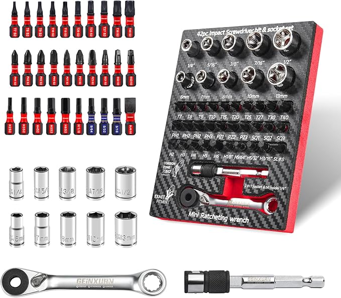 42Pieces Impact Screwdriver Bit & Socket Set with Mini Ratcheting Wrench, 30Pcs Impact S2 Screwdriver Bits Set, 5Pcs SAE & Metric Sockets and 2-In-1 Bit Extension Holder Repair Tools