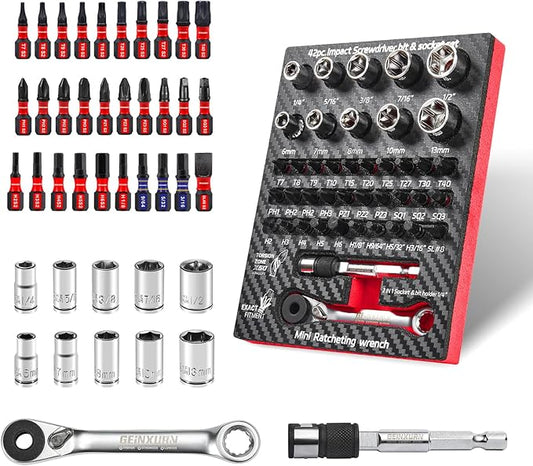 42Pieces Impact Screwdriver Bit & Socket Set with Mini Ratcheting Wrench, 30Pcs Impact S2 Screwdriver Bits Set, 5Pcs SAE & Metric Sockets and 2-In-1 Bit Extension Holder Repair Tools