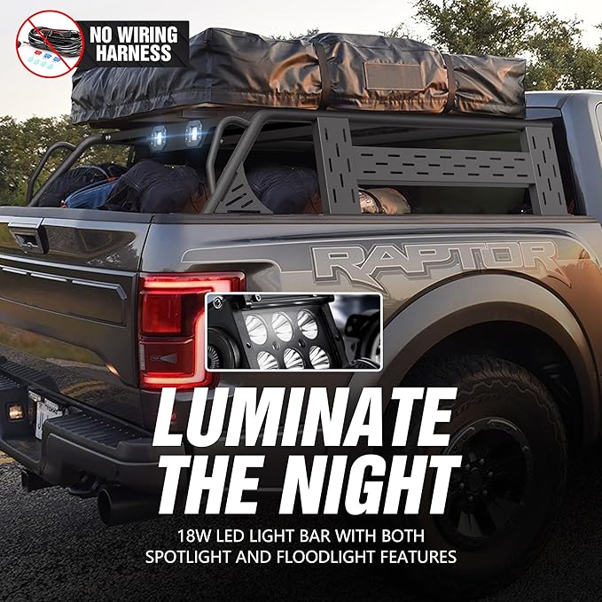 for F150 13.8" High Full-Size Overland Bed Racks Truck Cargo Carrier with 2 LED Lights Compatible with 1992-2025 Ford F150 with Bed Rails, 750 LBS Truck Rear Ladder Rack Back Cross Bars