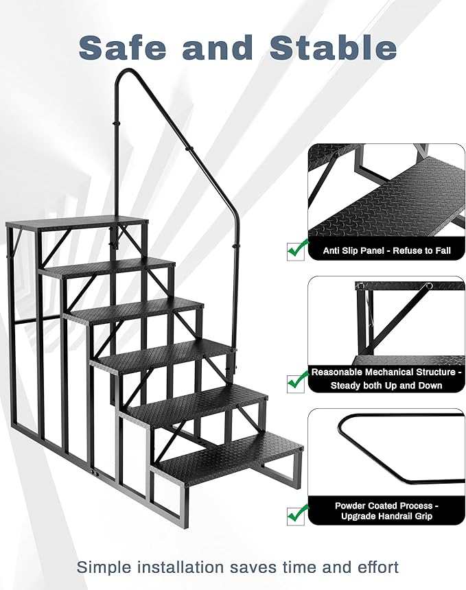 RV Steps with Handrail｜6 Step RV Stairs with Handrail｜Update 3.0 Outdoor RV Ladders with Anti-Slip Pedals｜Mobile Home Stairs for Travel Trailers｜Heavy Duty Camper Steps for Camper, Porch, Spa