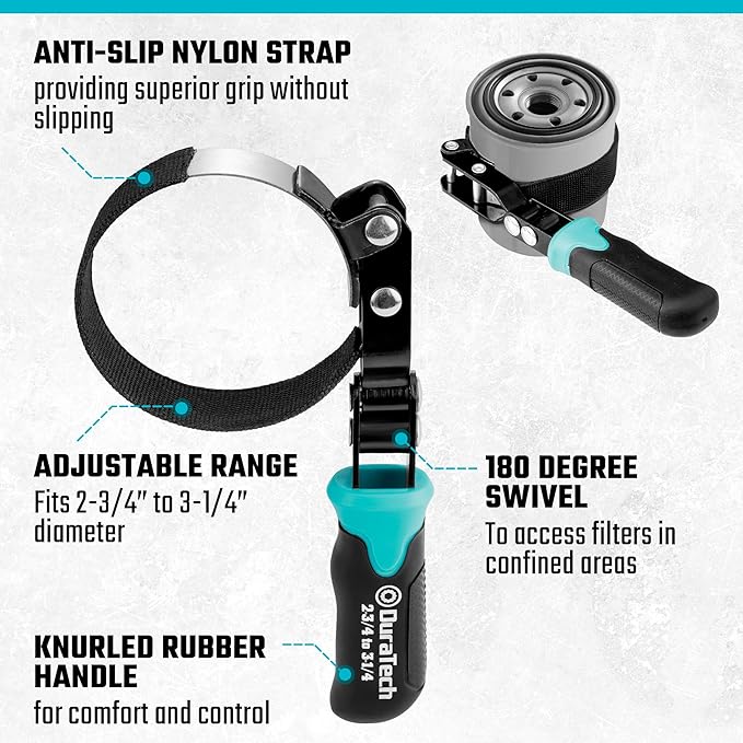 DURATECH Anti-Slip Small Swivel Oil Filter Wrench, Oil Filter Removal Tool Fits Filters 2-3/4" to 3-1/4", Ideal for Car Repair Tools