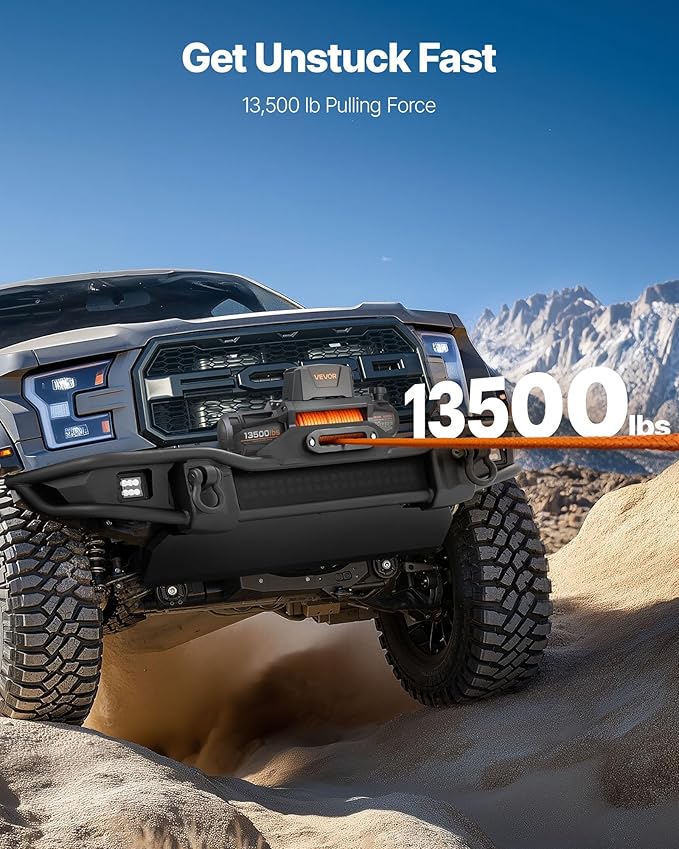 VEVOR Electric Winch, 13500 lbs Load Capacity, 12V DC Truck Winch with Φ3/8 in x 92 ft Synthetic Rope, Wireless & Wired Remote Control, IP67 Waterproof for Towing Off-Road SUV Jeep Trailer Boat
