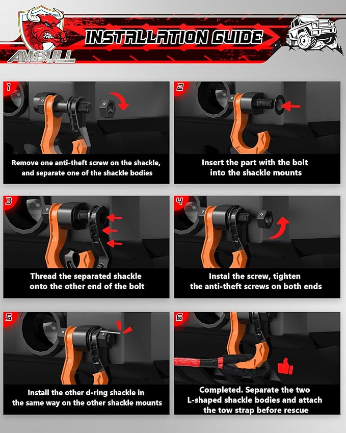 3/4" D Ring Separate Shackles, 52,910lbs Break Strength Easy Open Towing Winch Shackles, Heavy Duty Shackles with 7/8" Screw Pin for Tow Strap Winch Off Road Vehicle Recovery, BlackOrange