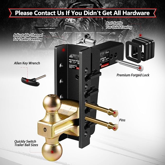 Adjustable Trailer Hitch Fits 2.5-Inch Receiver,8-Inch Drop/Rise,2"&2-5/16" Ball Hitches with 28,000 LBS GTW for Heavy Duty Truck,Solid Ball Mount,BLK,652508-3