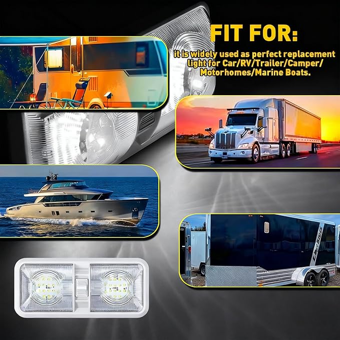 HAISTYLE RV LED Ceiling Double Dome Light Fixture with ON/Off Switch Interior Lighting for Car/RV/Trailer/Camper/Boat DC 11-18V Natural White (8PCS/ Double Dome)