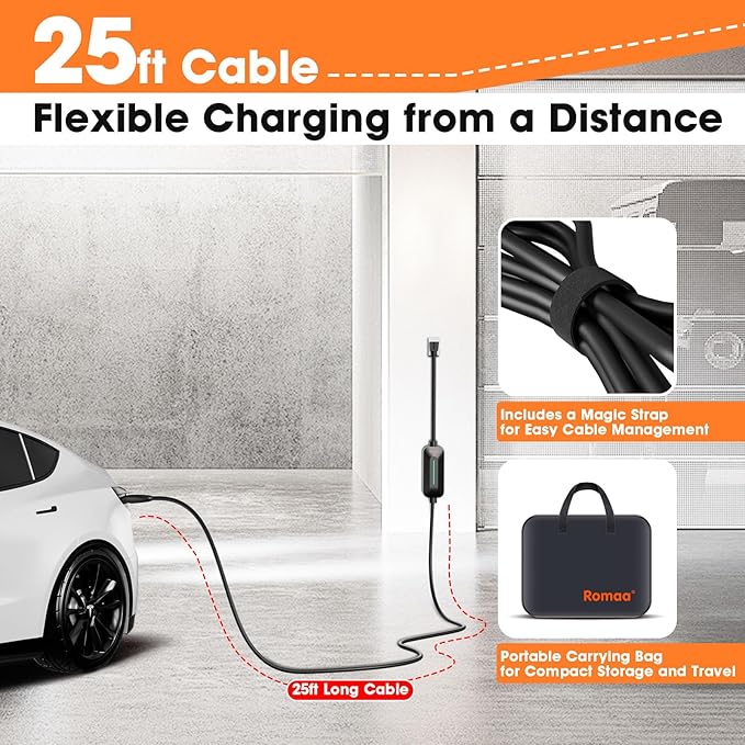 Romaa Level 2 & Level 1 EV Charger for Tesla Mobile Charing, 16 Amp 220V-240V NEMA 6-20 Plug, 12A 110V-120V NEMA 5-15 Adapter, 25FT Cable, NACS Connector Electric Car Charger for Tesla Model 3/Y/X/S