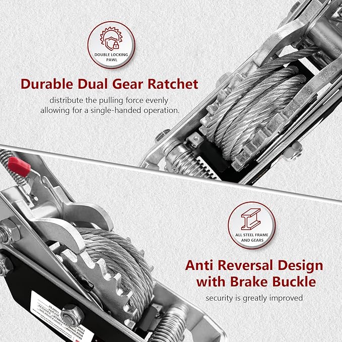 Come Along Winch 5T Pulling Capacity 11.5FT Steel Cable 3 Hooks Heavy Duty Power Cable Come Along Tool with Dual Gears Automotive Hoist Cable Puller Ideal for Vehicle Rescue