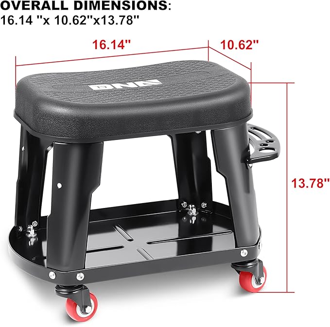 DNA Motoring TOOLS-00252 Removable Rolling Garage Stool with Seat Cushion & Tool Tray Plate,300lbs Max Weight Capacity