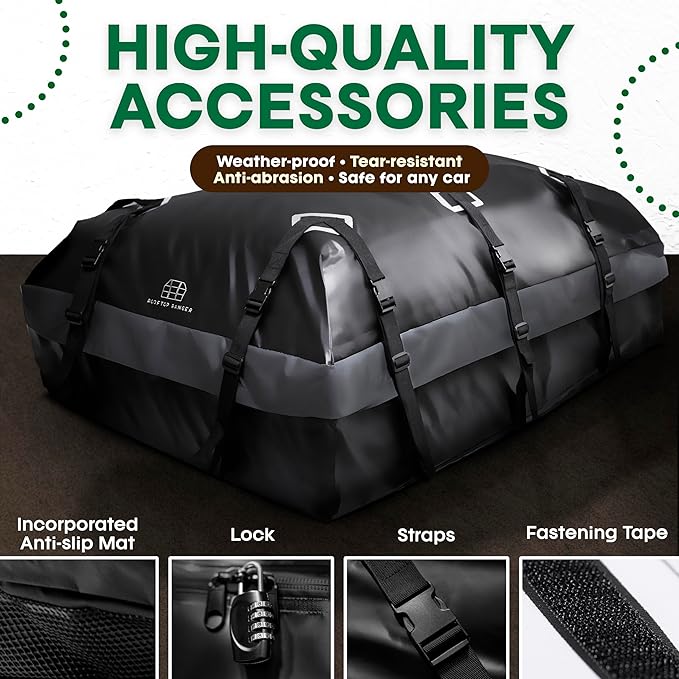 21 Cubic Feet Car Rooftop Soft Shell Cargo Carrier, 100% Waterproof - Car Storage for All Vehicle with/Without Racks - Attached Anti Slip Mat, Storage Bag, 6 Door Hooks and 6 Straps