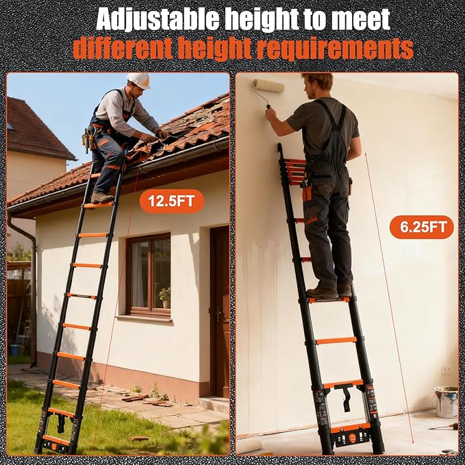 12.5FT Telescoping Ladder,3-Second Quick Folding & Locked-in Safety,Aluminum Extension Ladder for RV/Home/Outdoor, 330lbs Max Load