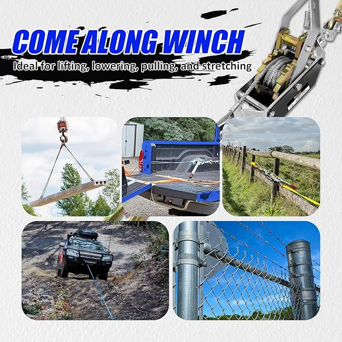 Come Along Winch 2-Ton (4400 Lbs) Pulling Capacity 7.54Ft 2 Hook Heavy Duty Power Cable Come Along Tool with Dual Gears Hand Winch Cable Automotive Hoist Winch Puller