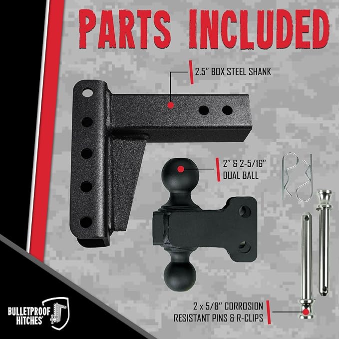 BulletProof Hitches - 2.5" Adjustable Medium Duty Trailer Hitch (14,000 lb. Rating) - 4" Drop/Rise Trailer Hitch with 2" & 2-5/16" Dual Ball - Powder Coat, Box Steel, Corrosion-Resistant
