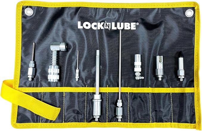 LockNLube 8-Piece Quick Connect Greasing Accessory Kit. Complete grease fitting connection kit. Reach any grease fitting on any machine. The rip-stop case keeps tools clean and portable.