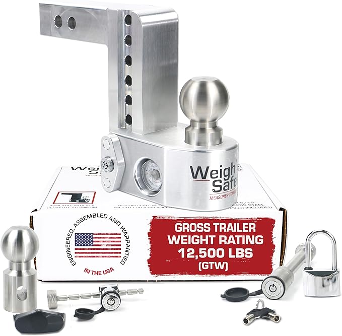 Weigh Safe Aluminum Adjustable Trailer Hitch - Towing Hitch with Built-In Tongue Weight Scale - Compatible with 2" Receivers - 6" Drop, Stainless Steel Tow Balls, 12,500 GTW, 4-Piece Lock Set