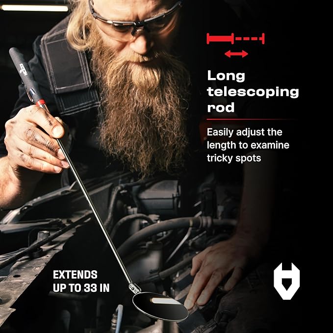 NoCry Heavy Duty Telescoping Inspection Mirror — 3.23 Inch Round Mirror on a Stick; 2-in-1 Storage Pouch; Extendable Mirror up to 30in; Non-Slip Handle; 360° Inspection Mirror Telescoping Swivel Head