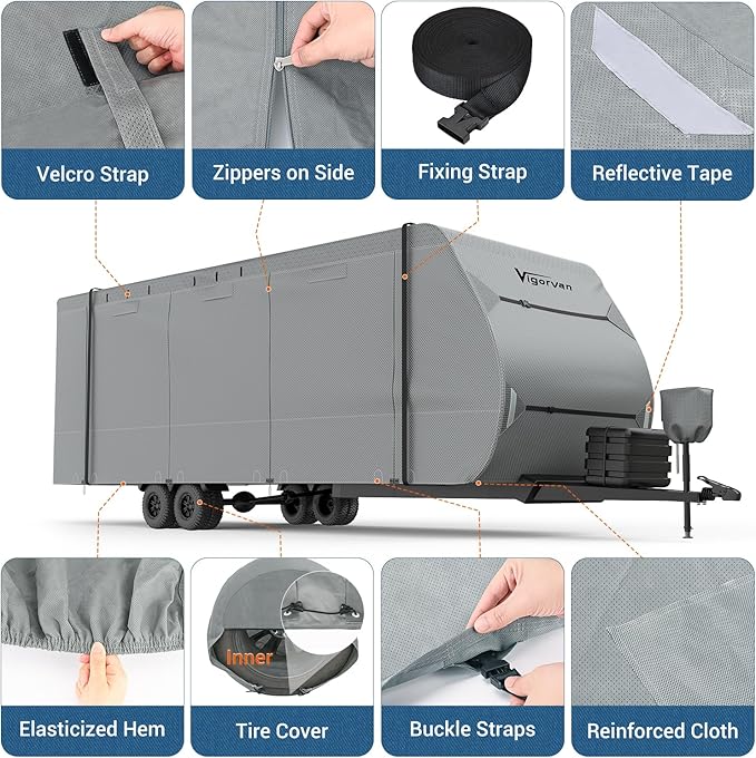 RV Cover Vigorvan Upgrad 7 Layers Top Camper Cover Windproof Travel Trailer Cover for 20-22FT RV, Toy Hauler Cover with Tongue Jack Cover, Extra Windproof Ropes, Gutter Covers
