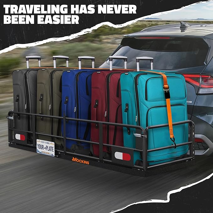 Mockins 60"x24"x14" High Rail Trailer Hitch Cargo Carrier w/License Plate Holder & 30 Cu.Ft. Waterproof Cargo Bag | All-Weather 500 Lbs. Cap Foldable Luggage Rack for SUV Truck & Car Carrier Storage