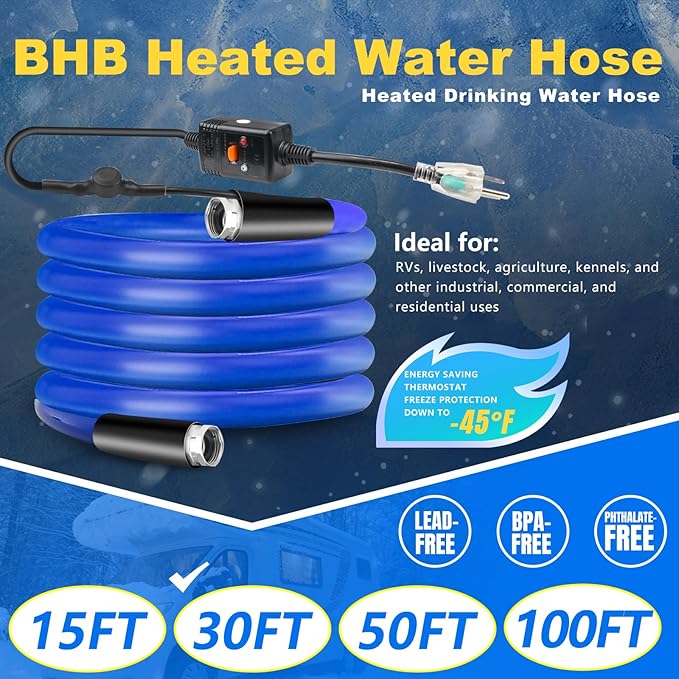 BHB Upgraded 30 FT Heated Water Hose 5/8"ID Compatible With RV -45 ℉ Antifreeze Energy Saving Thermostat RV Accessories, With Storage Bag And 4 Types Of Adapters