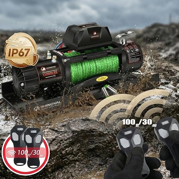 13000lb Electric Winch, Synthetic Rope Green, Battery Disconnect Switch, Low Profile Control Box, 12V, IP67 Waterproof, Wireless Remote, SUV, Truck, Boat Trailer. (RH13000A-G)