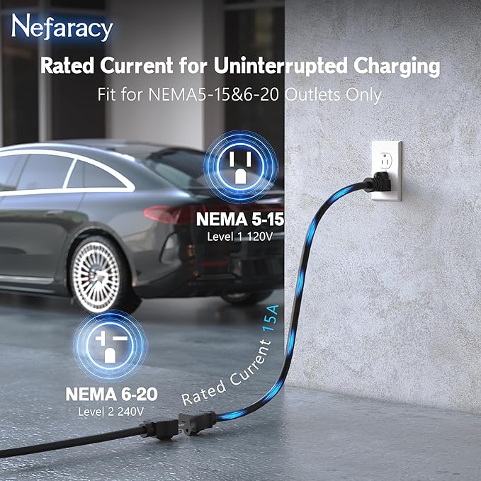 Level 1/2 EV Charger 16A Amp, 110V-240V Portable EV Charger with 20FT Cable, NEMA 6-20 & NEMA 5-15 Plug, Home Electric Vehicle Charging Station for All J1772 Electric Cars