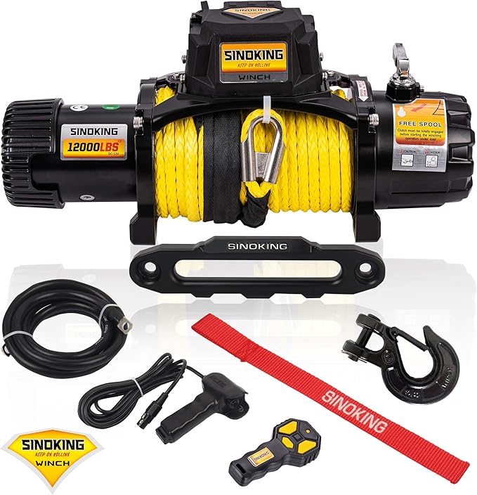 SINOKING 12V Electric Winch 12000 lb. Waterproof Synthetic Rope Offroad Winch with Wireless Remote Control for 4WD Vehicle