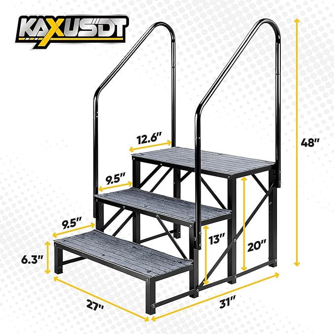 3 Steps Hot Tub RV Steps with Dual Handrail, 𝟐𝟎𝟐𝟓 𝐔𝐩𝐠𝐫𝐚𝐝𝐞𝐝 Portable Mobile Home Stairs Steps with Reinforced Crossbeams on Both Sides, 660lbs, Outdoor RV Camper Entry Steps w/Non-Slip Mats