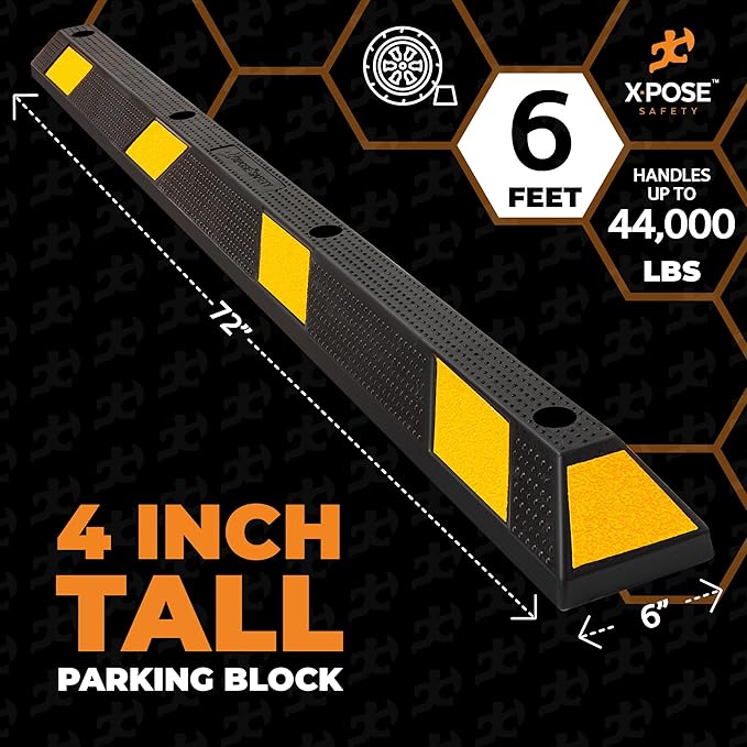 Xpose Safety 72" Heavy Duty Rubber Parking Stopper – 10 Pack Wheel Blocks for Garage, Driveway, or Ramp – Car Bumper Stop with Yellow Reflective Strips – Removable Floor Mount
