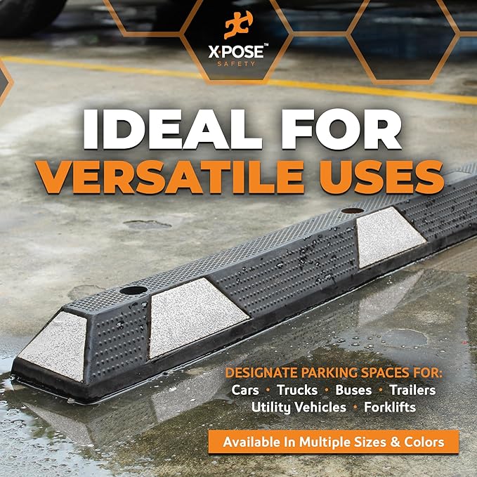 Xpose Safety 48" Heavy Duty Rubber Parking Stopper – Bulk Half Pallet 24 Pack Wheel Blocks for Garage, Driveway, or Ramp – Car Bumper Stop with White Reflective Strips – Removable Floor Mount