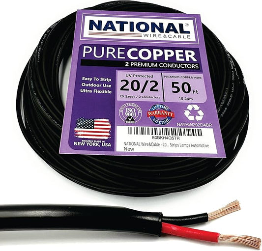 NATIONAL Wire & Cable – 20 AWG 2-Conductor Premium Copper Wire, 50 ft, Stranded | Made in USA, Flexible Jacket | Electronics, Controls, DIY Wiring, Indoor and Outdoor Use