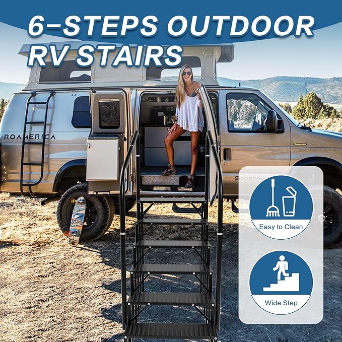 RV Steps, 6-Steps RV Stairs with Handrail Hot Tub Steps Camper Steps, Non-Slip Steps Outdoor Stairs for RV, Trailer, Mobile Home Stairs, Outdoor Spa