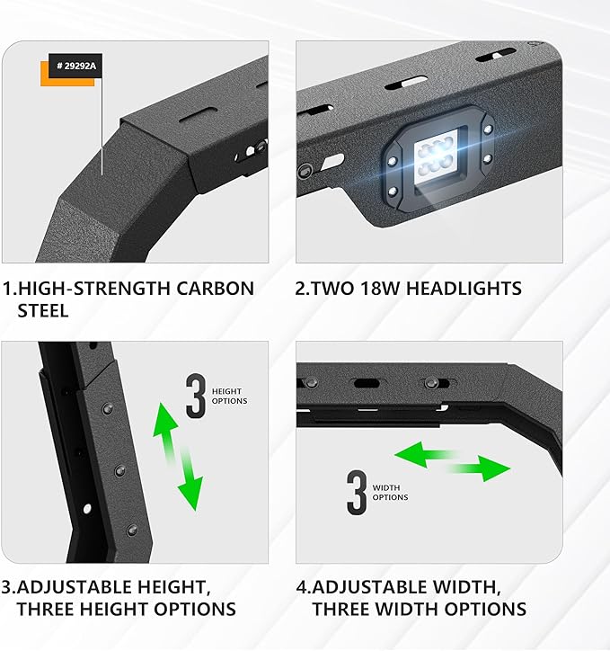 Adjustable 16"-18.7" Hight Overland Bed Racks Truck Cargo Carrier Compatible with 2022-2025 Ford Maverick Cross Bars Ladder Rack with 2 Led Light Bars (Not for Trucks with Bed Cover)