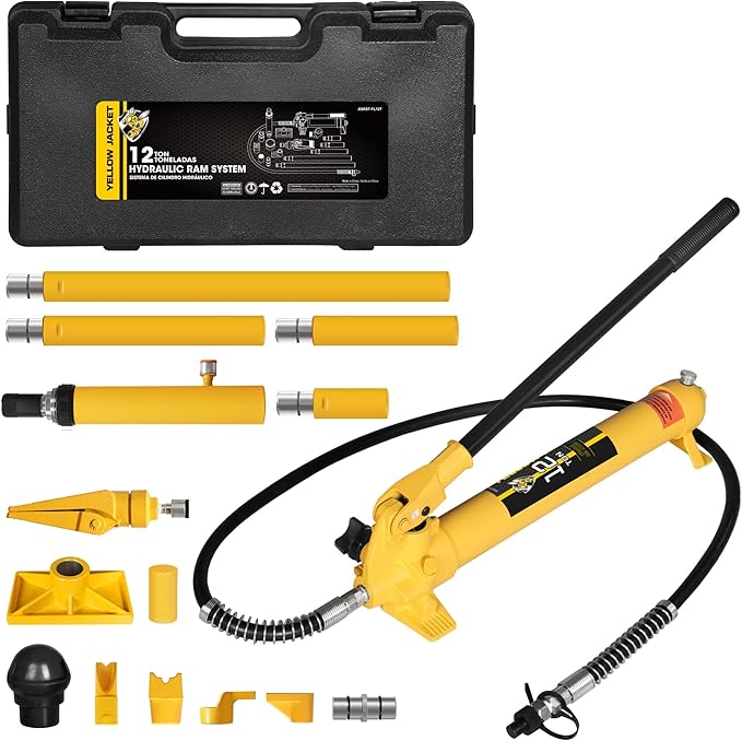 YELLOW JACKET 12 ton Porta Power Kit Hydraulic Ram Jack Pusher Puller Auto Body Frame Repair Tool with Blow Mold Carrying Storage Case for Car Repair,Truck,Farm