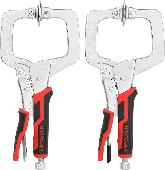 MAXPOWER 11-Inch Locking C Clamp Set, 2 Pack Metal Face Clamp with Large Flat Swivel Pads, Adjustable Heavy Duty C Clamps Locking Pliers for Woodworking, Carpentry, Cabinetry, Welding and Repair