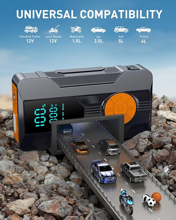 Jump Starter with Air Compressor, Car Battery Jump Starter (8.0 Gas/7.0L Diesel), Battery Jumper Starter Portable Jump Box, 12V Portable Car Jump Starter with Tire Inflator, LED Light