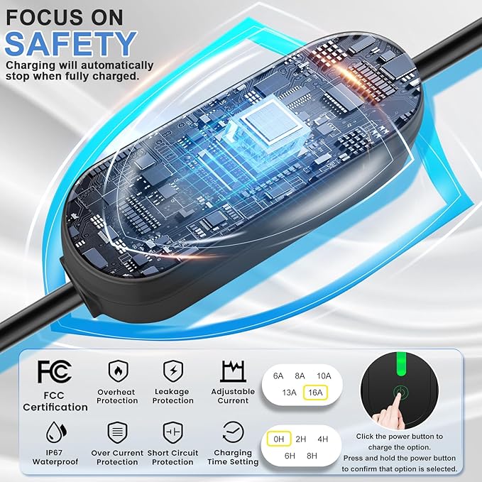 SubSun Universal Level 1 & 2 Portable EV Charger 16Amp 110V-240V Electric Car Charger for All EVs Include J1772, 25FT EV Charging Cable with NEMA 6-20P and 5-15 Adapter