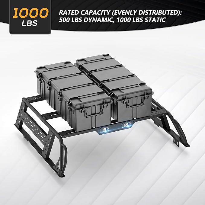 13.8" High Overland Bed Racks Truck Cargo Carrier Compatible with 2016-2018 Silverado 1500 & GMC Sierra 1500 with 2 LED Lights and Bed Rails, Full-Size Truck Rear Ladder Rack Back Cross Bars