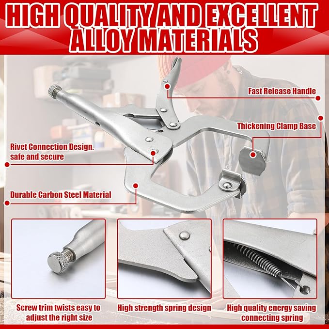 Yexiya 10 Pcs Locking C Clamp, Locking Pliers Adjustable Welding Clamp with Regular Tip and Swivel Pad for Shop Home Farm and Auto Workshop Woodworking, Cabinetry, Repair (4 Inch)