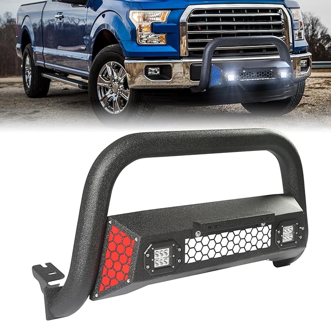 Bull Bar Fit for Ford F150 2004-2025 with LED Light & w/License Plate Bracket DIY Paintable Truck Front Bumper Brush Push Bar Front Grille Guard Protector